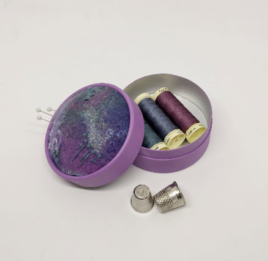 Pincushion and storage box in one - lilac felted embroidered pincushion