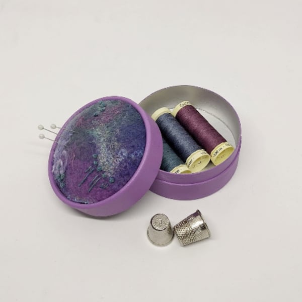 Pincushion and storage box in one - lilac felted embroidered pincushion