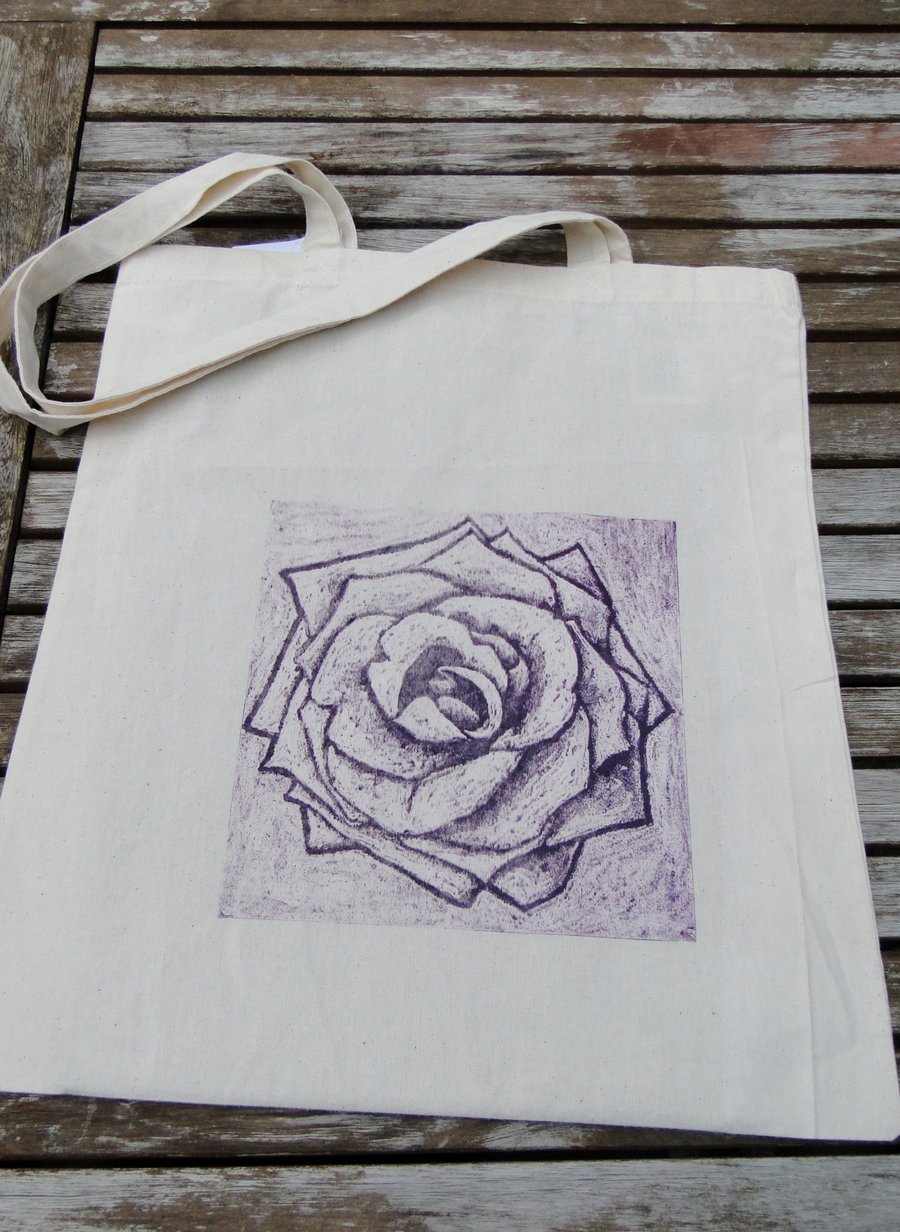 Purple Flower Collagraph Hand Printed Cream Tote Shopping Bag
