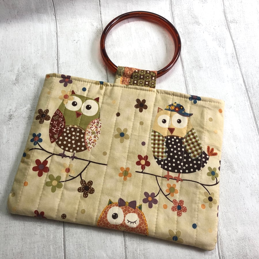 Circular Handled Quilted  Fabric Owl Themed Handbag