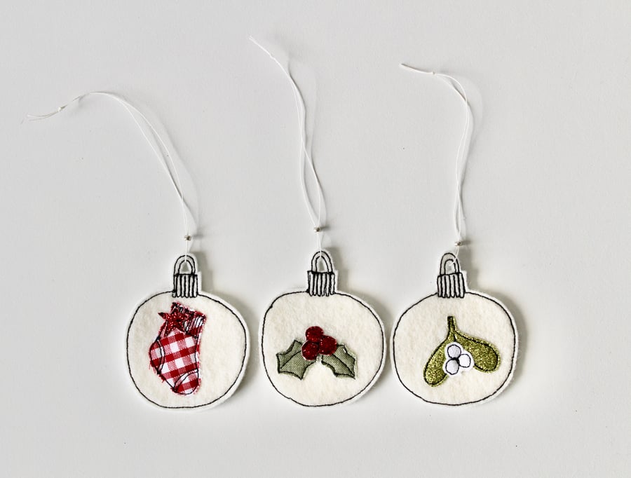 Three Wool Felt Christmas Baubles - Hanging Decorations