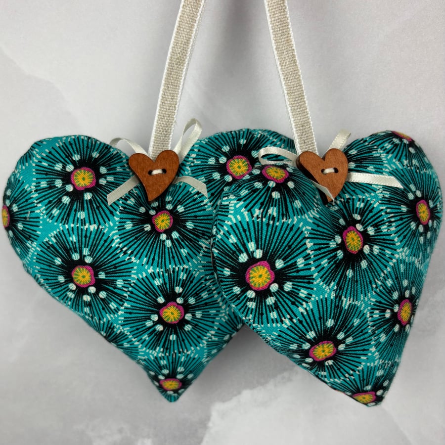 Handmade floral poppies hanging fabric hearts set of 2