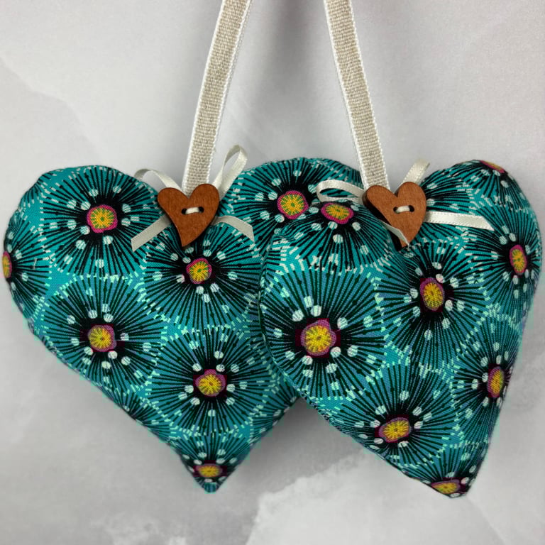 Handmade floral poppies hanging fabric hearts set of 2