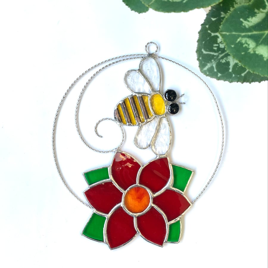 Stained Glass Bee and Flower Suncatcher - Handmade Window Decoration 