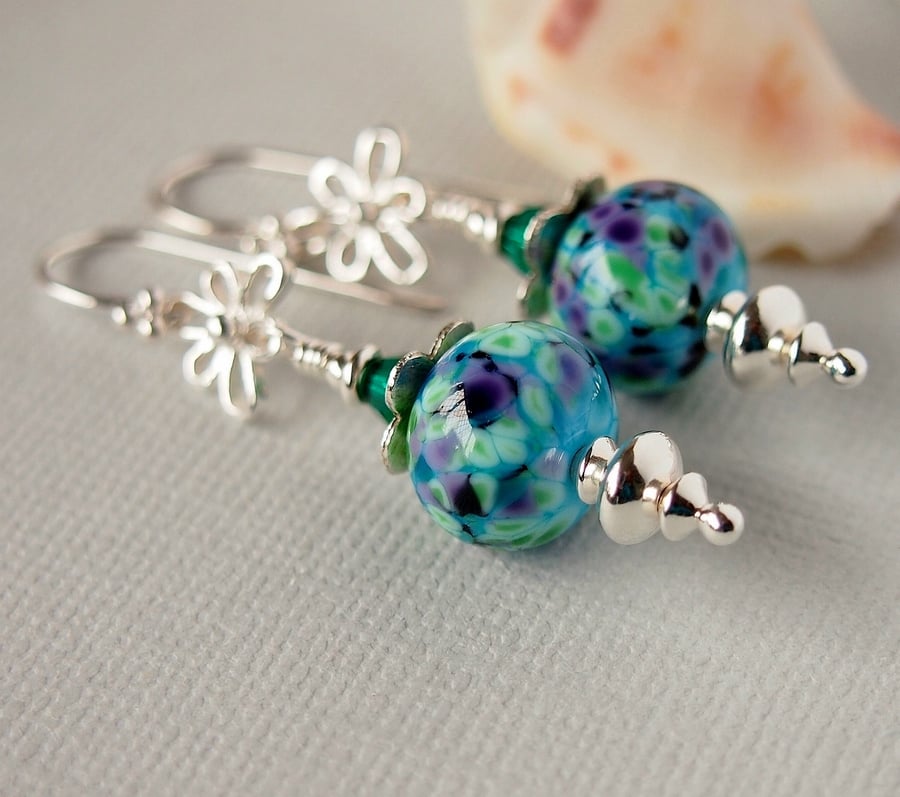 Turquoise Floral Lampwork Glass Beaded Earrings, Sterling Silver