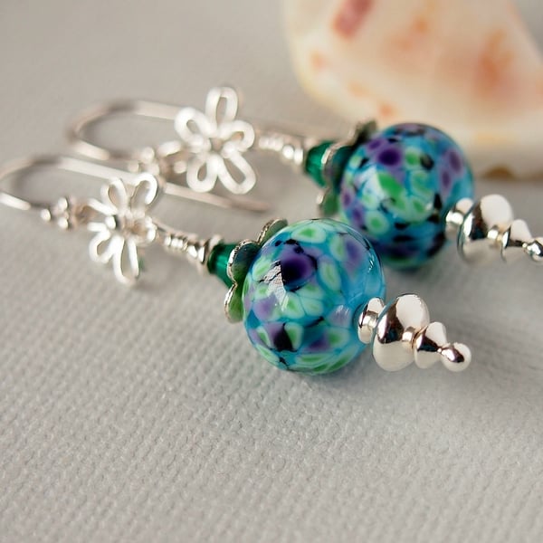 Turquoise Floral Lampwork Glass Beaded Earrings, Sterling Silver