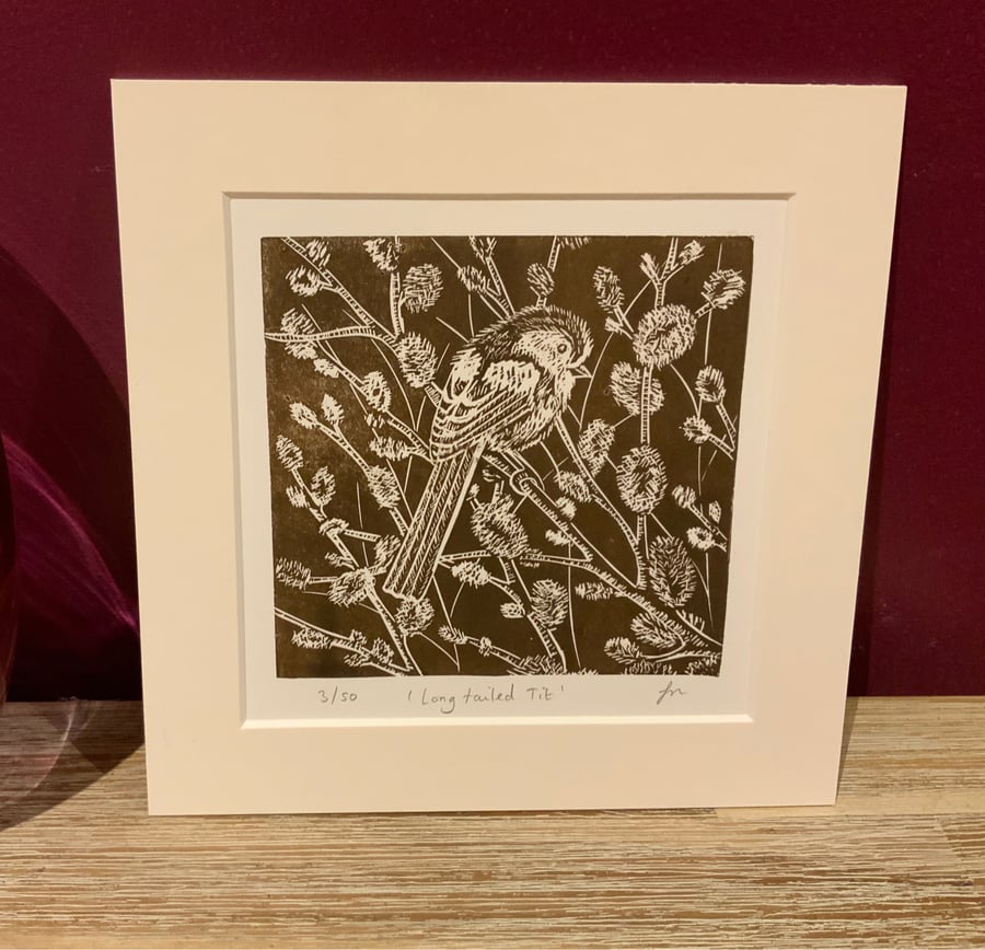 Long tailed tit linocut print, an original limited edition lino print