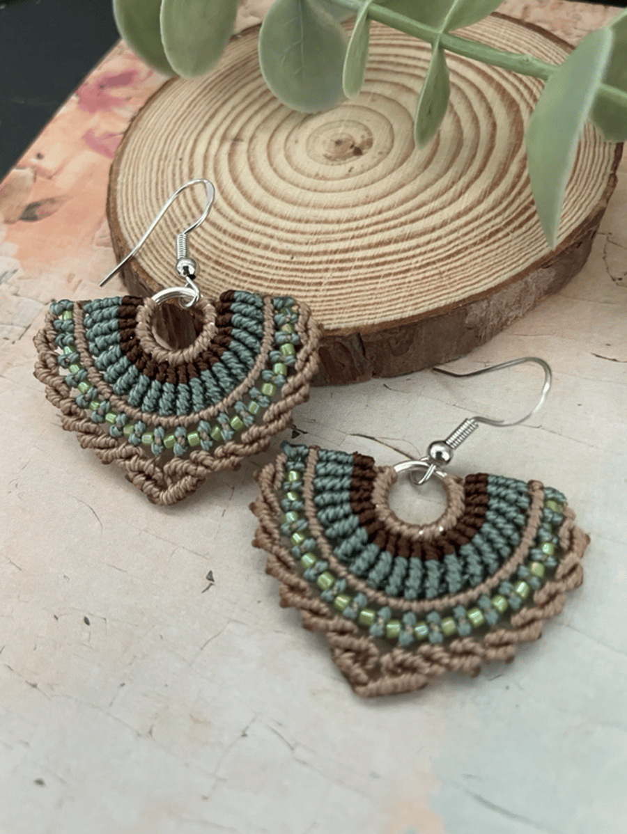 Boho fan design micro macrame beaded dangle hoop statement earrings