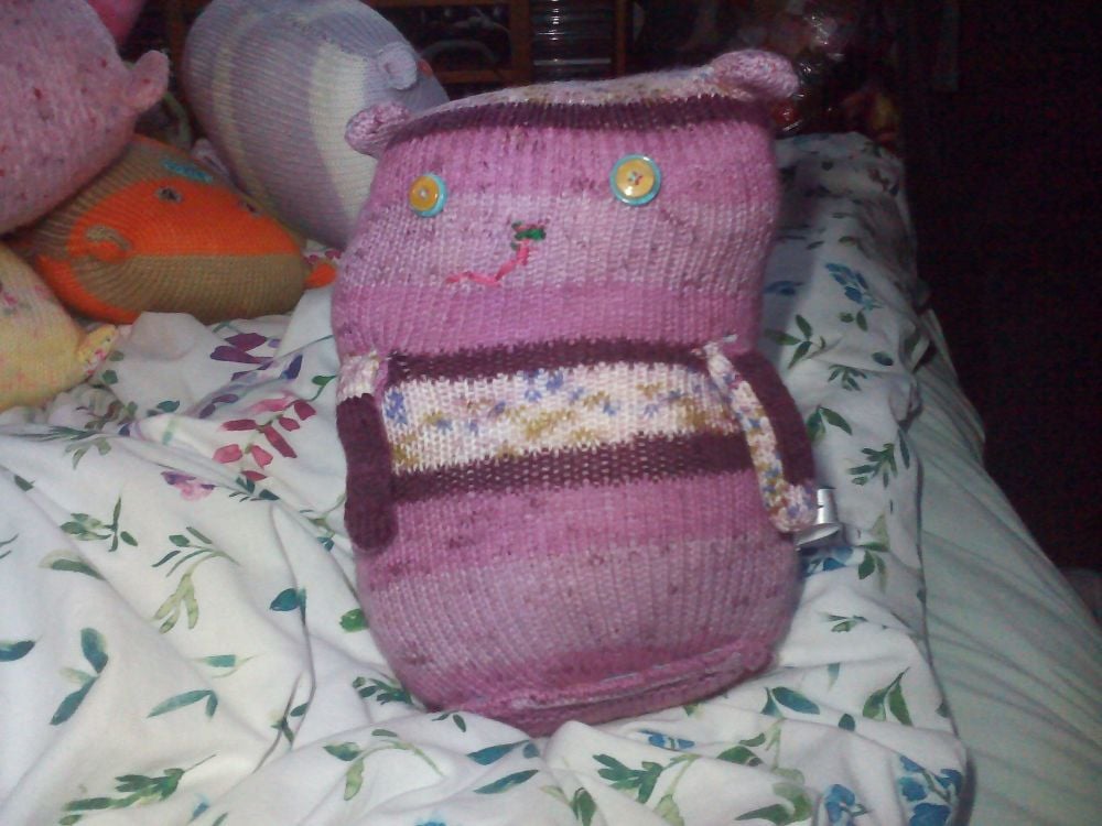 Purple Floral Giant Cat Soft Toy - Turquoise & Yellow Button Eyes Knitted By KM