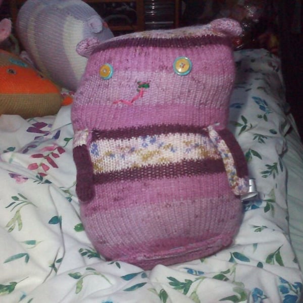 Purple Floral Giant Cat Soft Toy - Turquoise & Yellow Button Eyes Knitted By KM