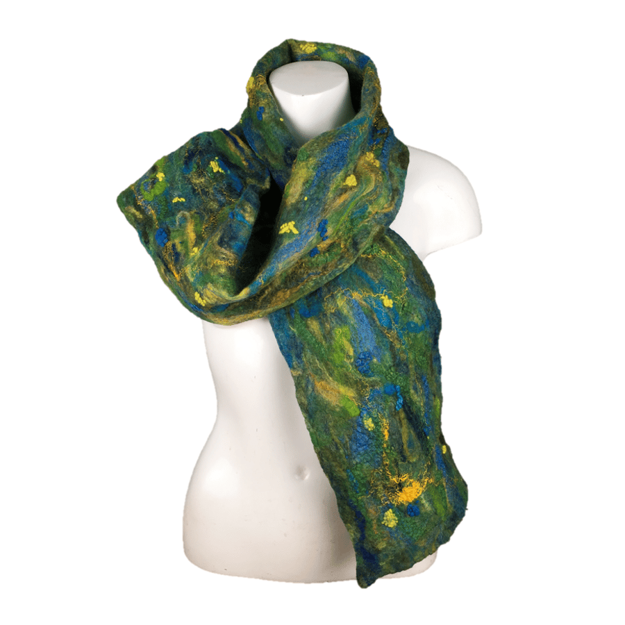 Felted scarf in shades of blue,green and yellow with silk and wool embellishment
