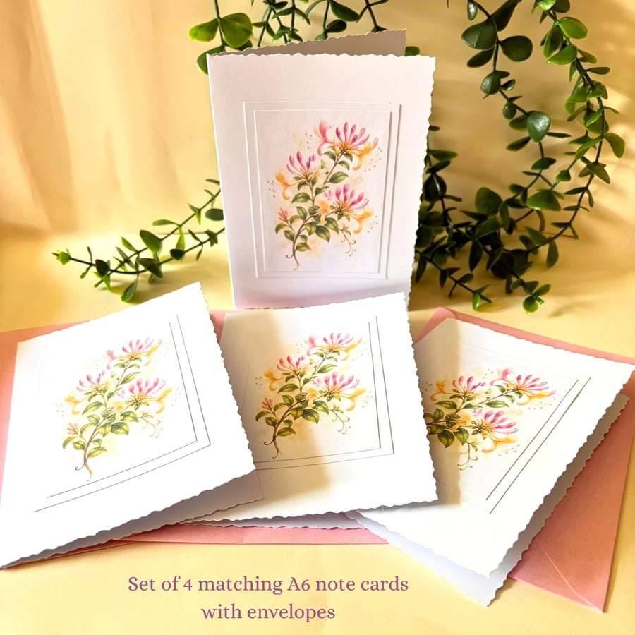 Honeysuckle A6 Note Card Set, June Birth Flower Botanical Note Cards, Set of 4