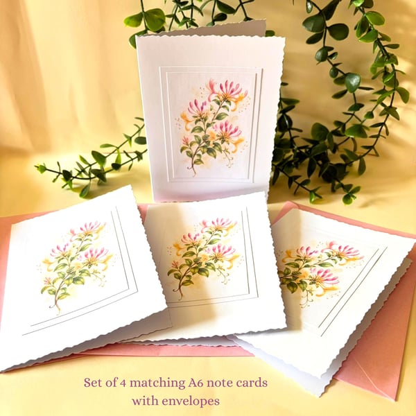 Honeysuckle A6 Note Card Set, June Birth Flower Botanical Note Cards, Set of 4