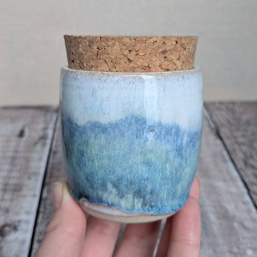 Perfectly imperfect Ceramic pot with cork lid, blue turquoise