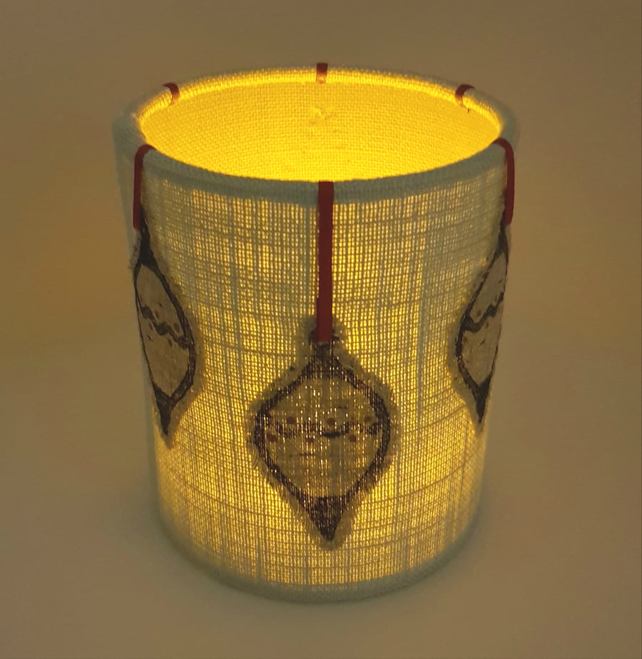 Hand printed bauble lantern (Pale Blue with Red Ribbon)