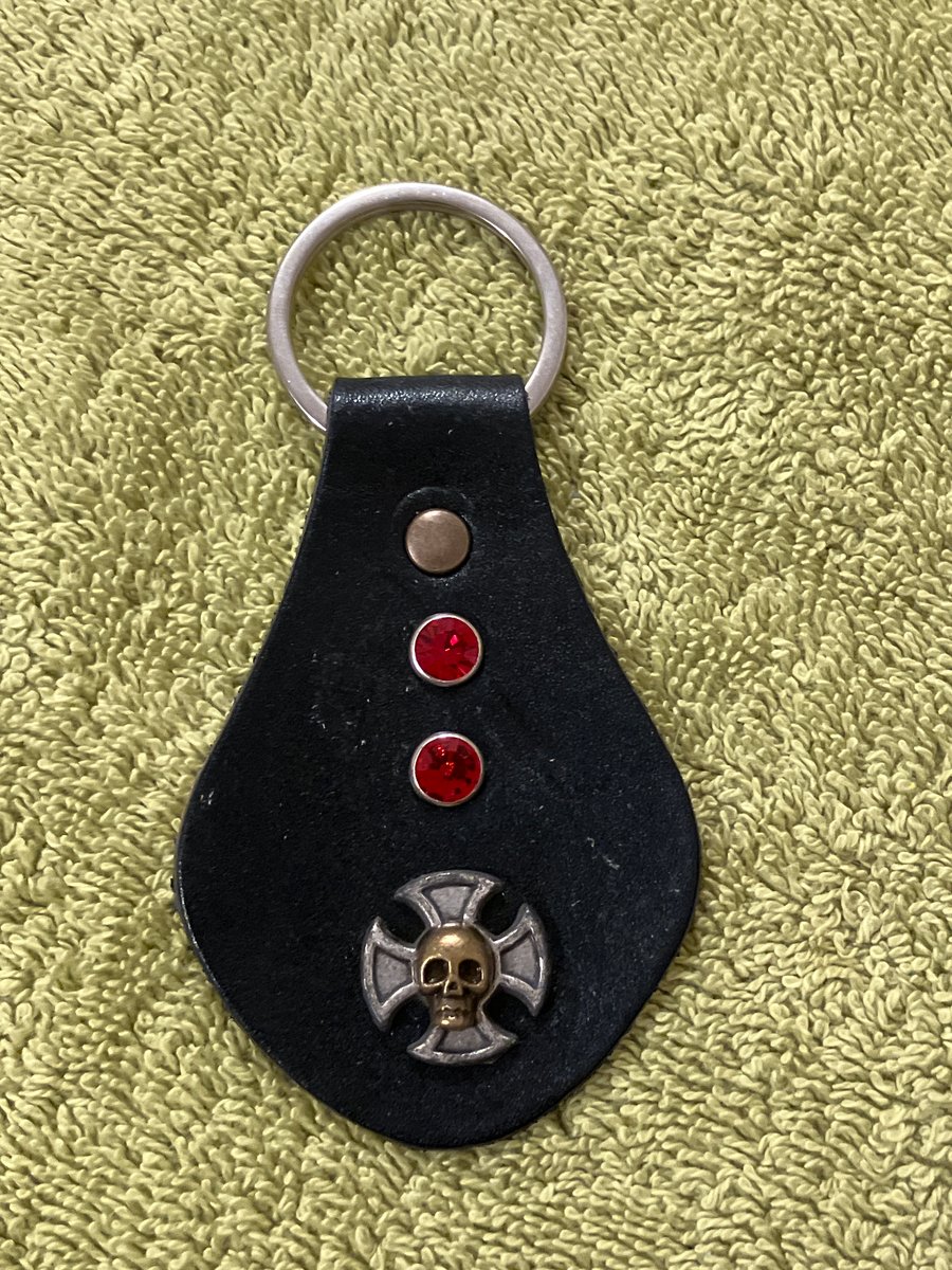 Black Leather Keyring - Iron Cross Design 2 Red Gemstones - Skull  FREE SHIPPING