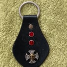 Black Leather Keyring - Iron Cross Design 2 Red Gemstones - Skull  FREE SHIPPING