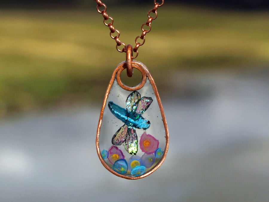 Copper Resin Dragonfly Watercolour Resin Pendant Necklace