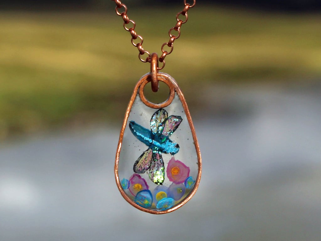 Copper Resin Dragonfly Watercolour Resin Pendant Necklace