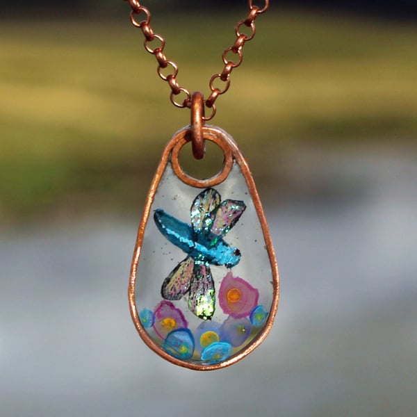Copper Resin Dragonfly Watercolour Resin Pendant Necklace