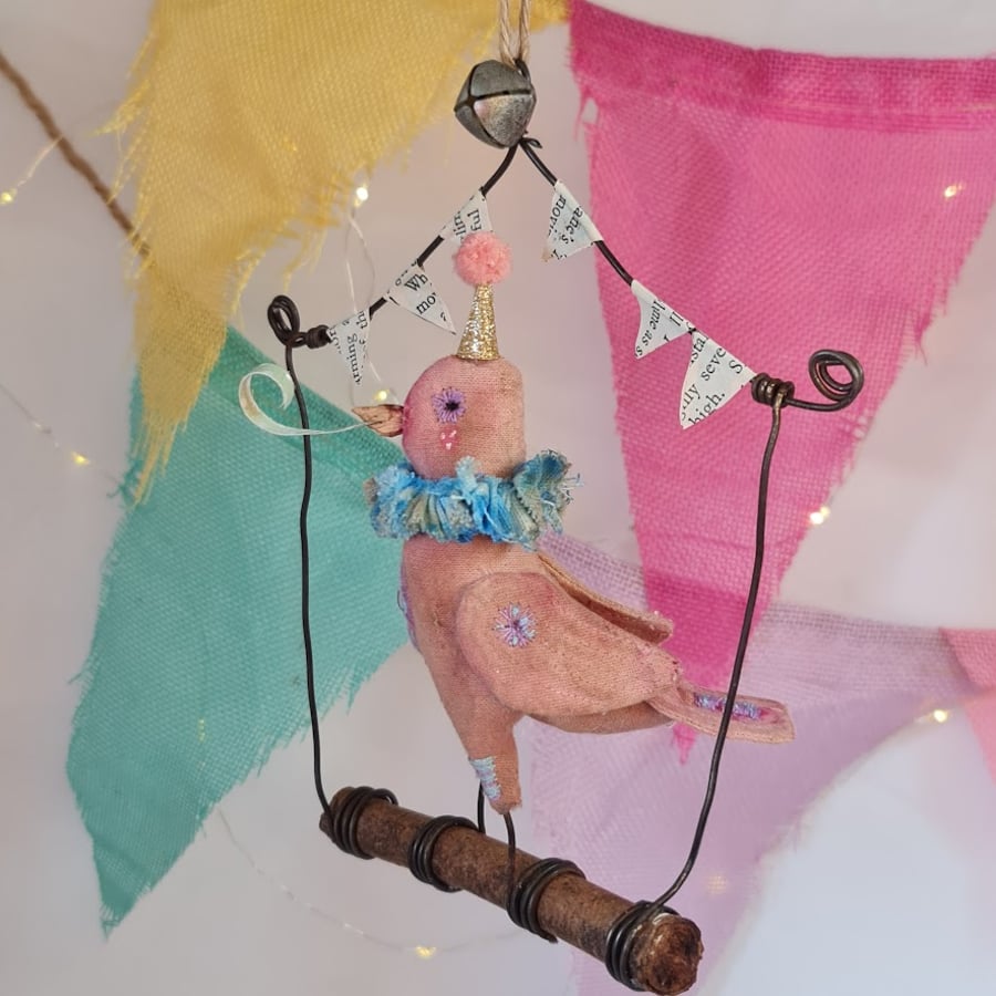 Handmade party birdy on a perch soft sculpture textile art