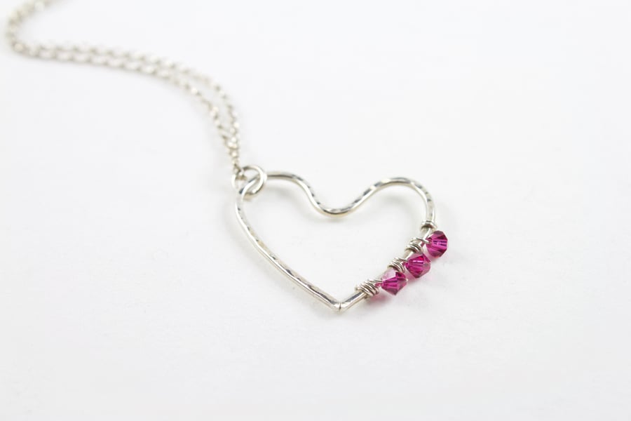 Hammered Silver Heart Pendant Wire Wrapped With Pink Swarovski Crystals