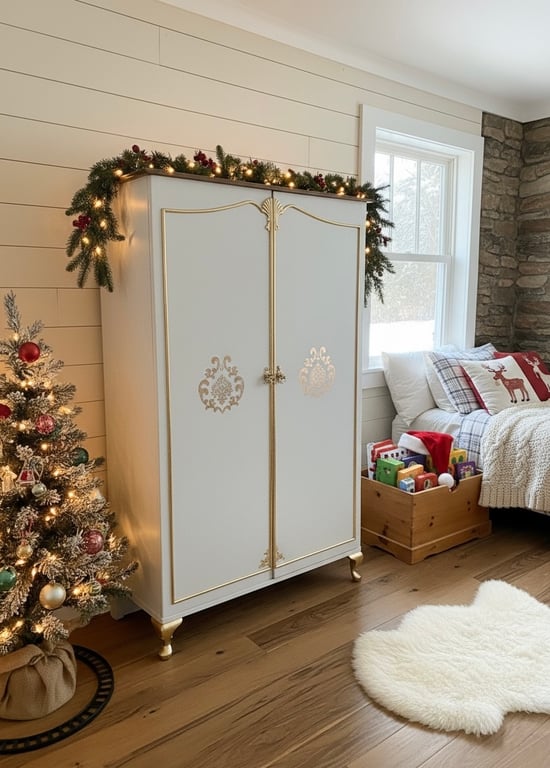Vintage, Mid-Century  Restored Wardrobe Armoire: Grey and Golden Leaf Detail, Ha