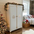 Vintage, Mid-Century  Restored Wardrobe Armoire: Grey and Golden Leaf Detail, Ha