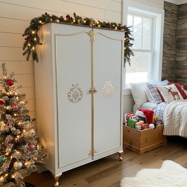 Vintage, Mid-Century  Restored Wardrobe Armoire: Grey and Golden Leaf Detail, Ha