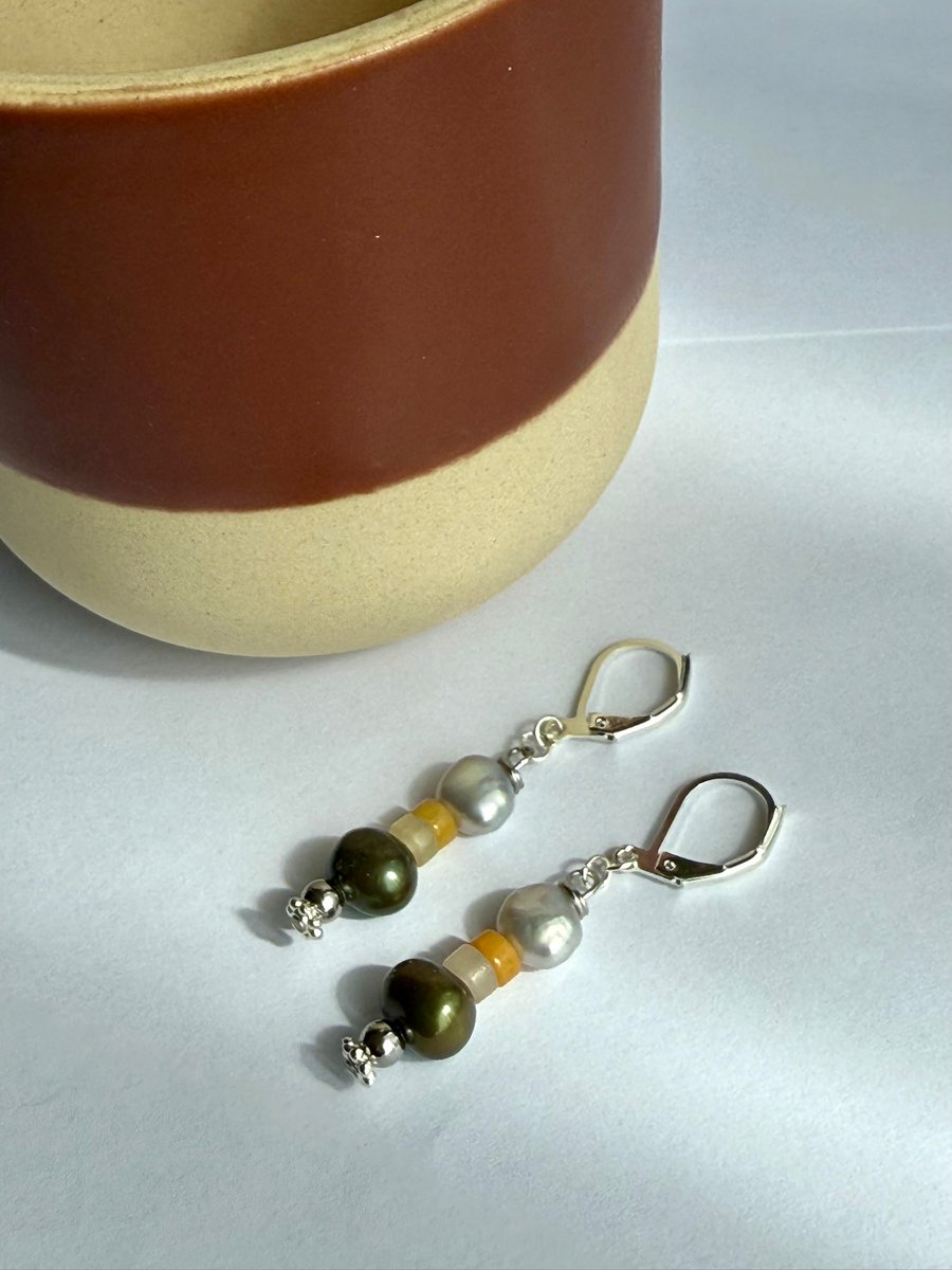 Green and Grey Freshwater Pearls with Natural Jade Heishi Earrings