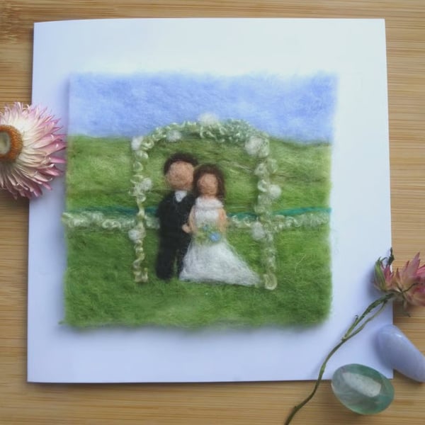 Handmade needle felted Wedding Couple greetings Card