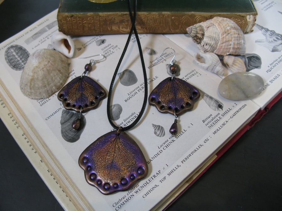 Amethyst & Bronze Butterfly Wing Jewellery Set, Fairycore, Mermaid Shell Set