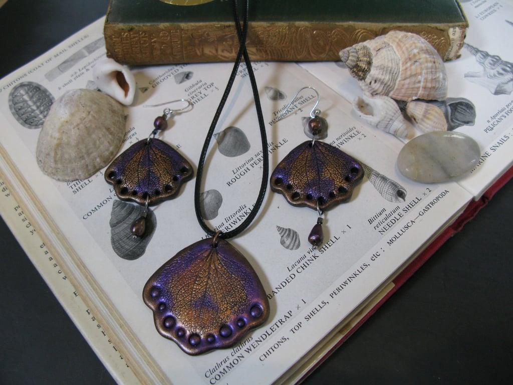 Amethyst & Bronze Butterfly Wing Jewellery Set, Fairycore, Mermaid Shell Set