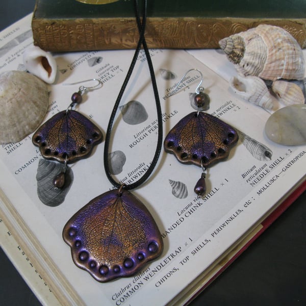 Amethyst & Bronze Butterfly Wing Jewellery Set, Fairycore, Mermaid Shell Set