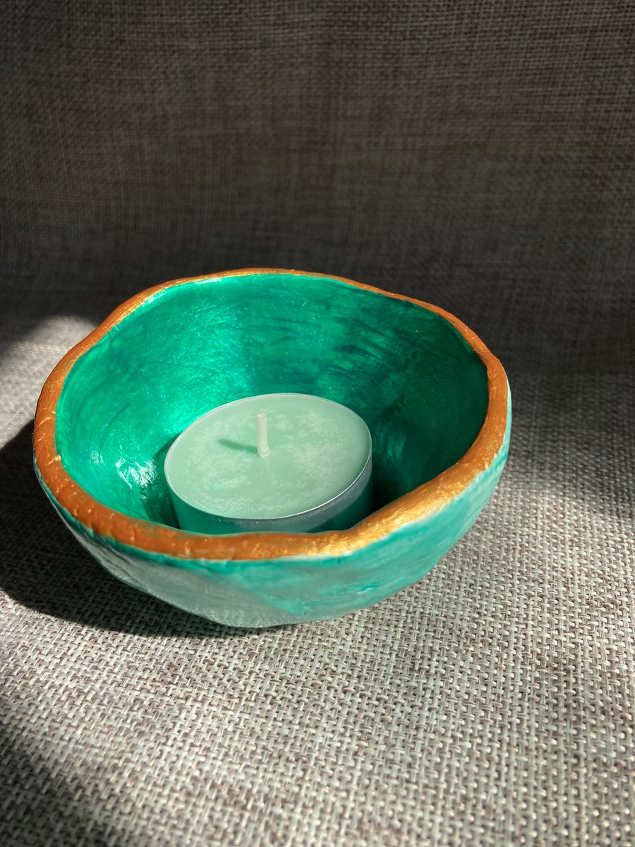 Unique clay tea light candle holder, jewel shimmer green and gold colour