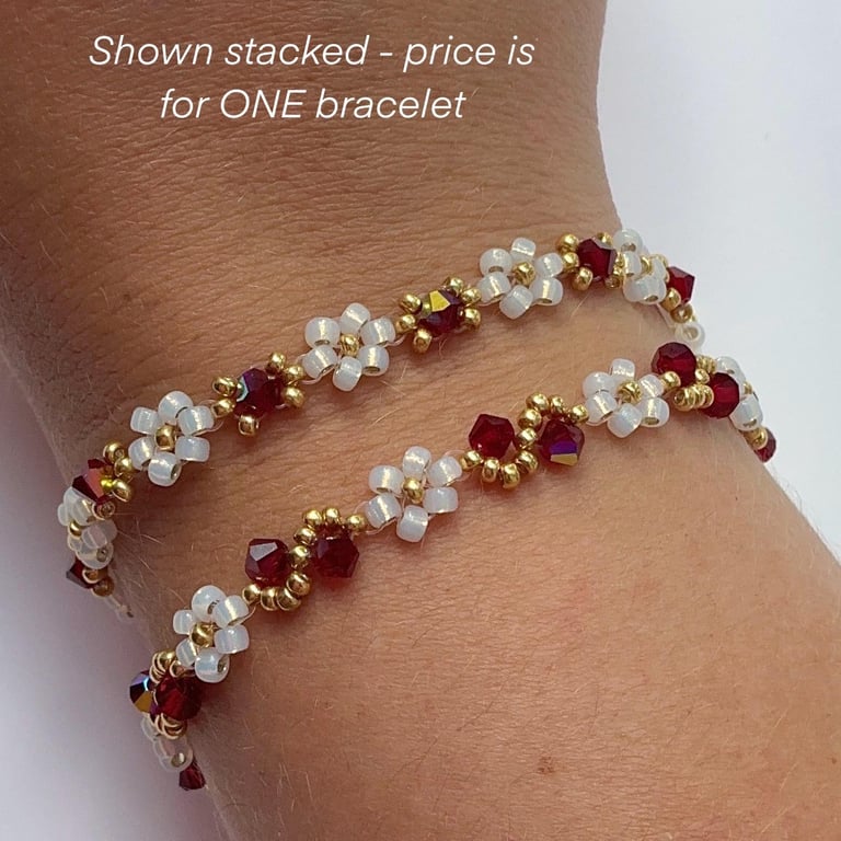 January Birthstone Bracelet - Gold & Opal Daisy Beads (Garnet Inspired)