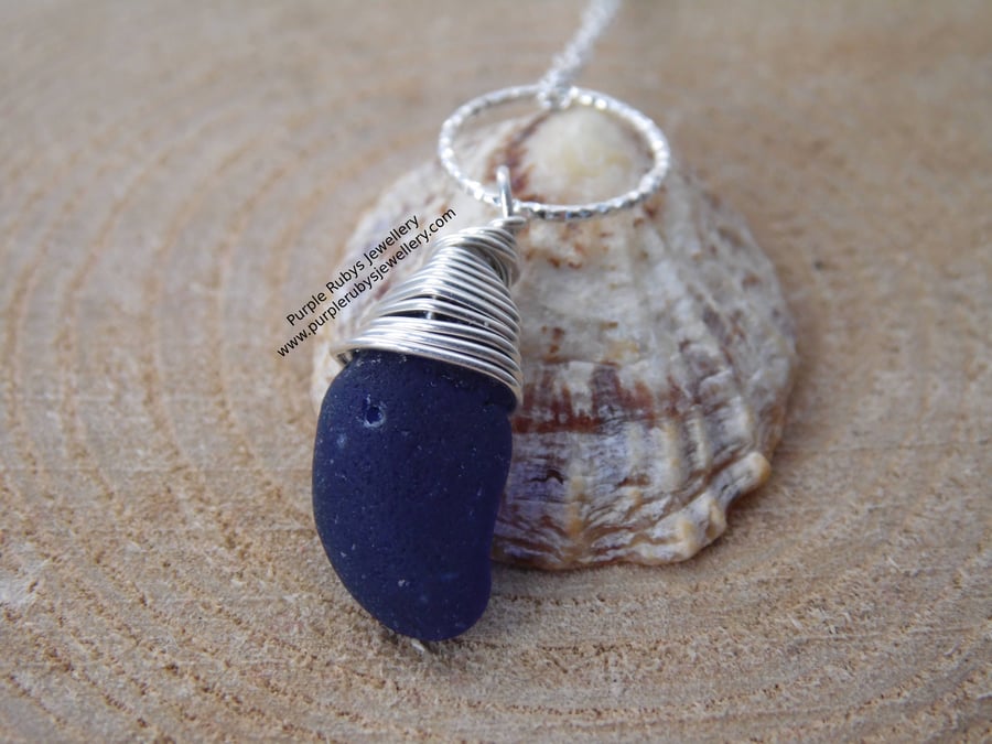 Deep Blue Portreath Sea Glass on Diamond Cut Ring Necklace N618