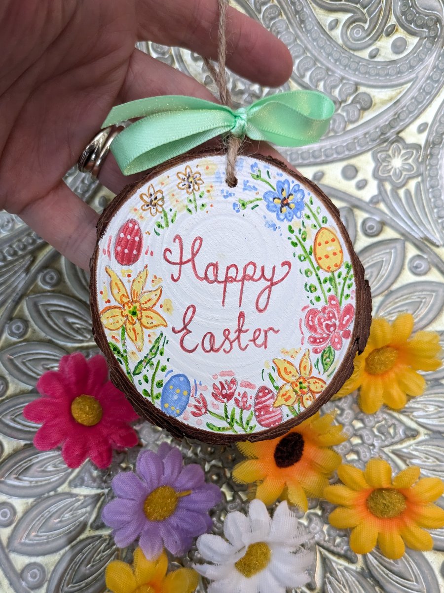 Happy Easter hand-painted log slice decoration 