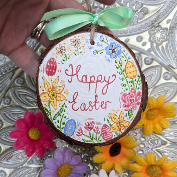 Happy Easter hand-painted log slice decoration 