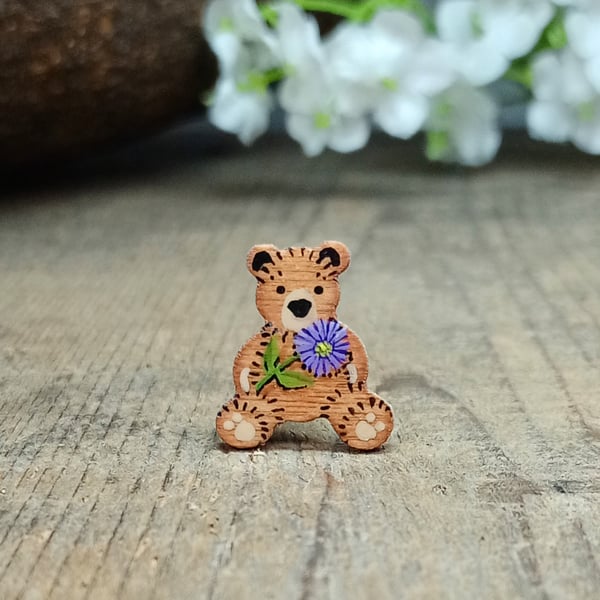 Handmade Aster Teddy Bear Brooch, September Birth Flower, Personalised Pin