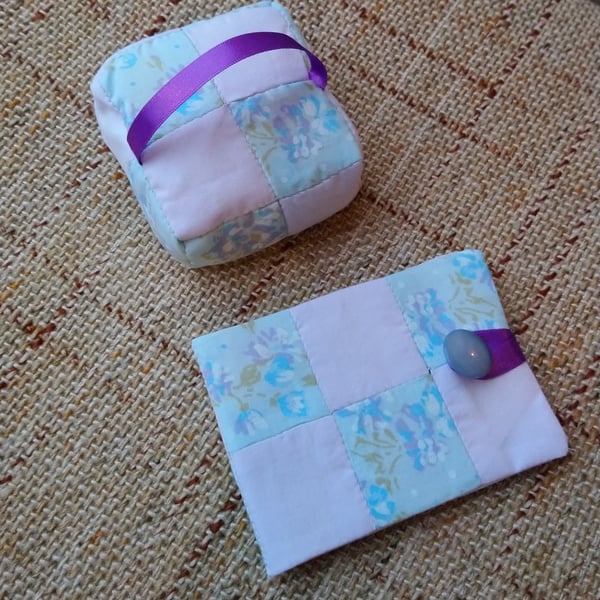 Pin cushion and needlebook set in patchwork. Choice of colours