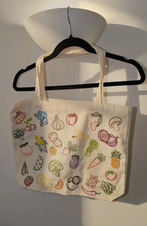 One-of-a-Kind Hand Embroidered 'Farmers Market' Fruit & Vegetable Tote Bag 