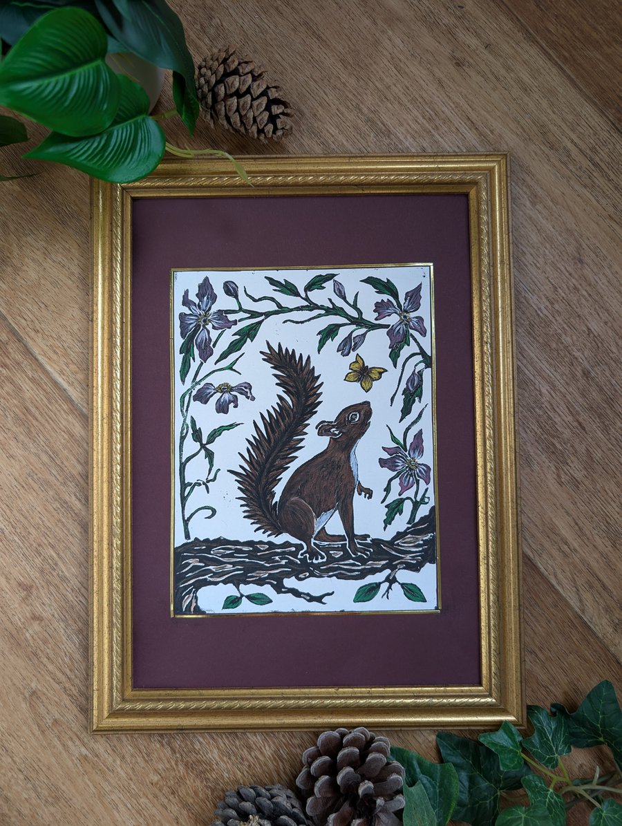  Squirrel Painted Lino Print With Vintage Frame