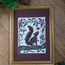 Squirrel Painted Lino Print With Vintage Frame