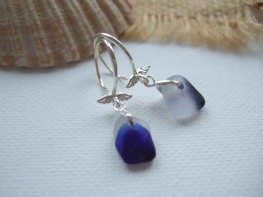 Seaham Multi Blue Sea Glass Earrings, Angel Wing Design Sterling Silver 