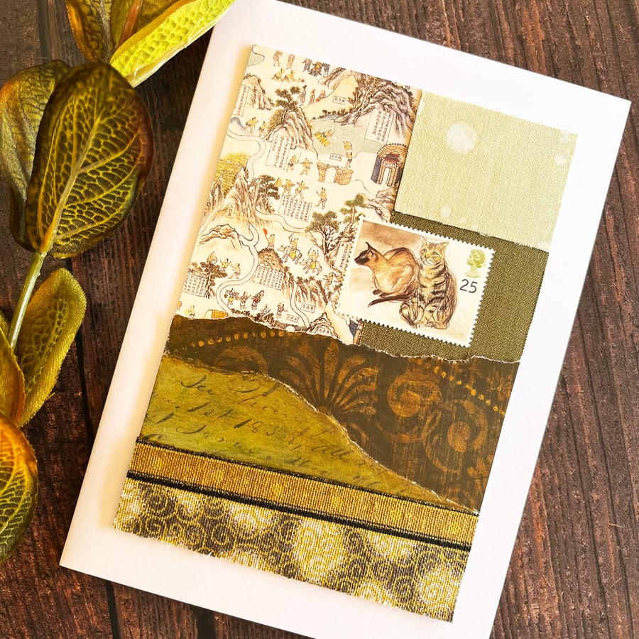 Handmade cat card, card for cat lover, grey tabby, siamese cat