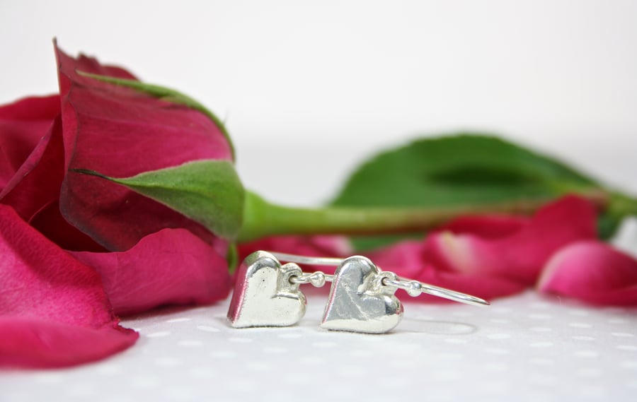 Solid Silver Hand Cast Heart Dropper Earrings Valentine's Day