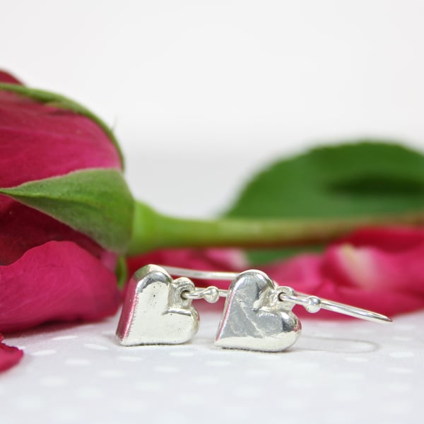 Solid Silver Hand Cast Heart Dropper Earrings Valentine's Day