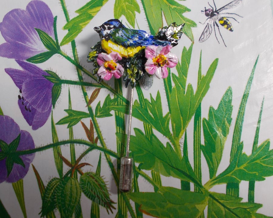 Small BLUE TIT & PINK FLOWERS PIN Garden Bird Lapel Brooch HANDMADE HAND PAINTED