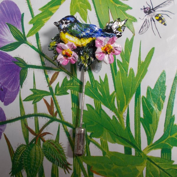 Small BLUE TIT & PINK FLOWERS PIN Garden Bird Lapel Brooch HANDMADE HAND PAINTED